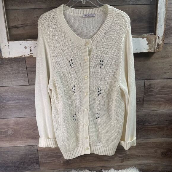 ALLISON DALEY Womens Cream Sweater Button Front Rhinestone Open Knit Front Fancy - Picture 4 of 10